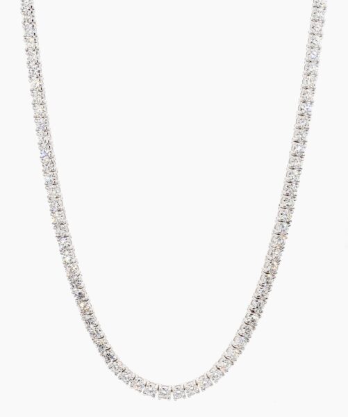 Fascinating 16 Carat Lab Diamond Tennis Necklace in 14K Gold, 18-inch. Available in 14 karat white, yellow, or rose gold.