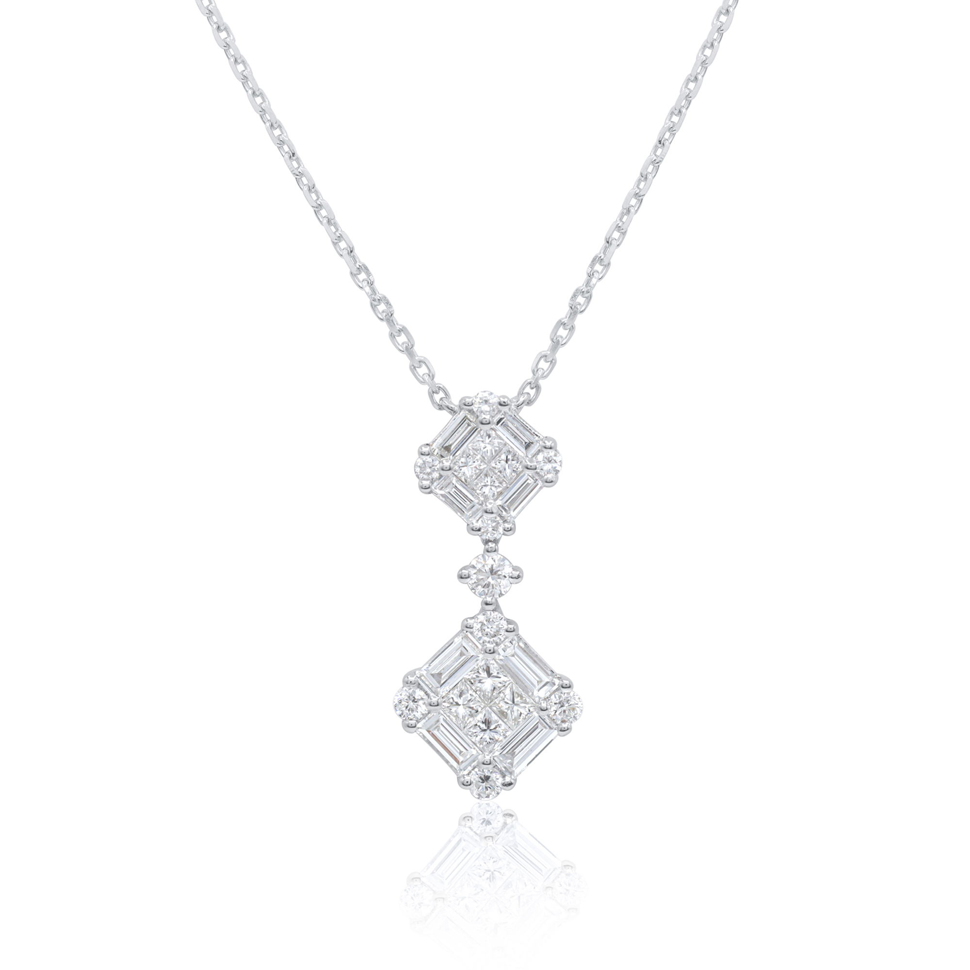 Margaret's Natural Diamond Necklace Princess & Baguette Cuts in white, yellow, or rose gold available in our online store. Carat total weight (CTW) 0.96.