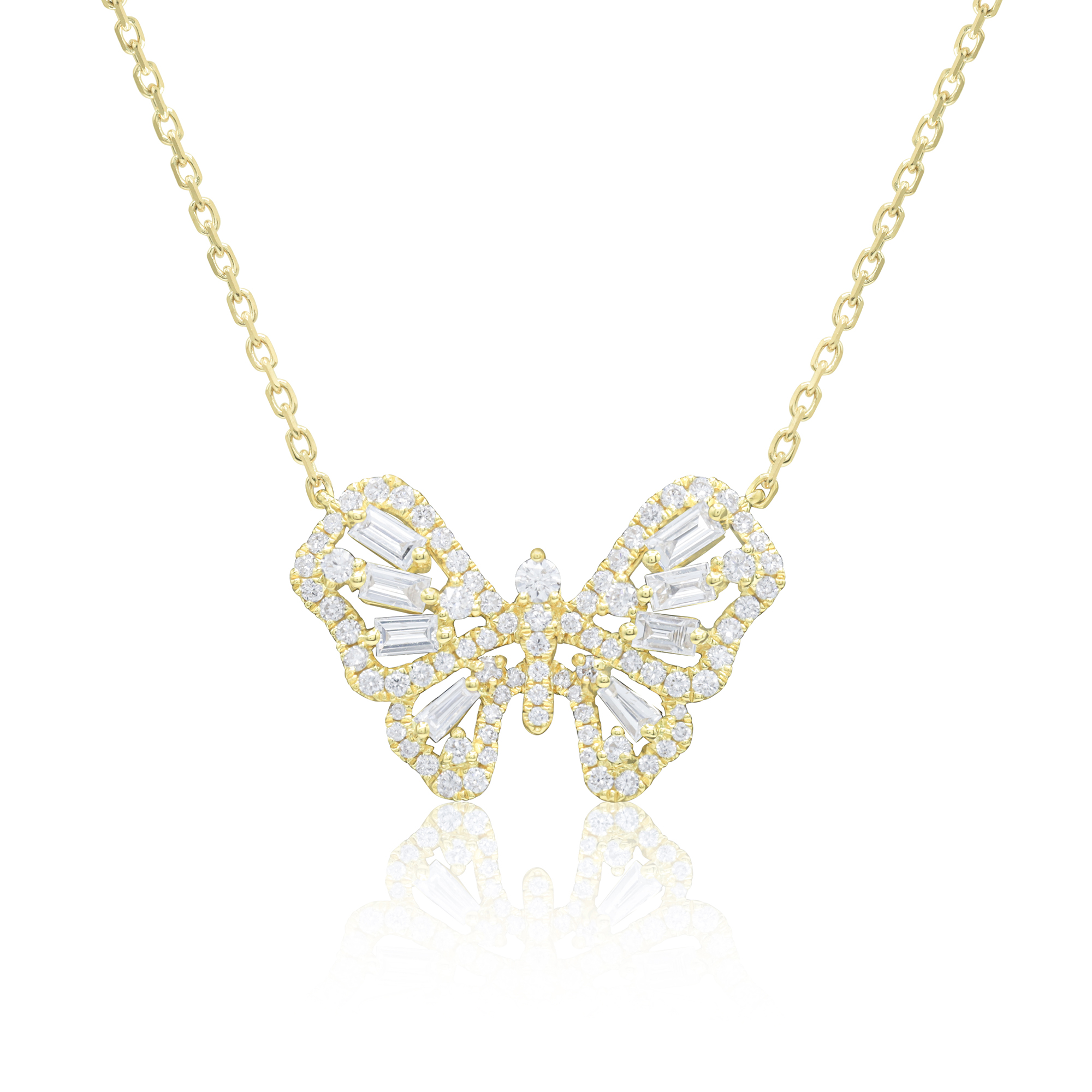 Butterfly Charm Natural Diamond Pendant Necklace in white, yellow, or rose gold available in our online store. With a carat total weight (CTW) 0.39.