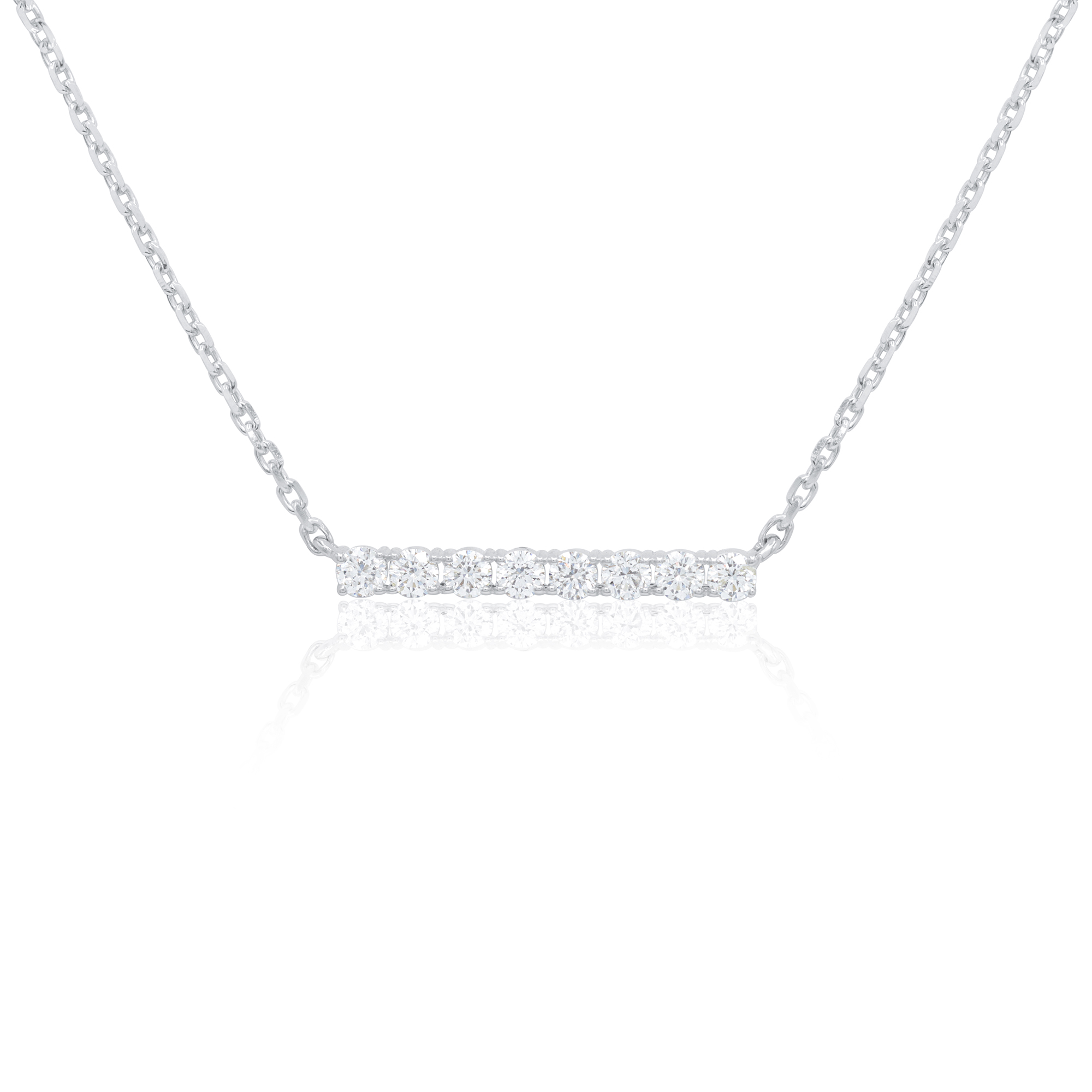 The Octavia Extravaganza Round Cut Natural Diamond Necklace in white, yellow, or rose gold available in our online store. Carat total weight (CTW) 0.39.